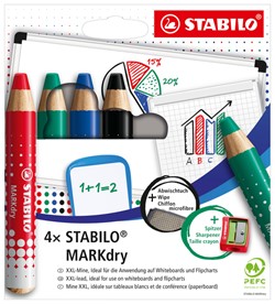 Whiteboardpotlood STABILO MARKdry 648/4 inclusief slijper en microvezeldoek assorti etui à 4 stuks
